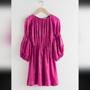 & Other Stories Satin Mini Puff Sleeve Mini Dress Pink with Florals Size 4